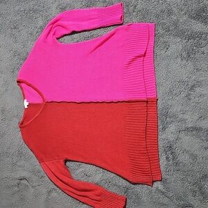 ODDY Rust and Pink Two Tone Colorblock Reverse Stitch V-Neck Sweater Size S